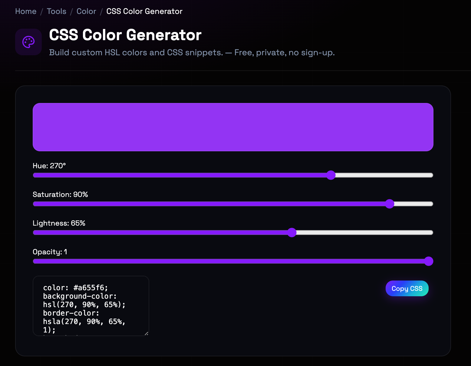 How to use CSS Color Generator online — free, fast, and private
